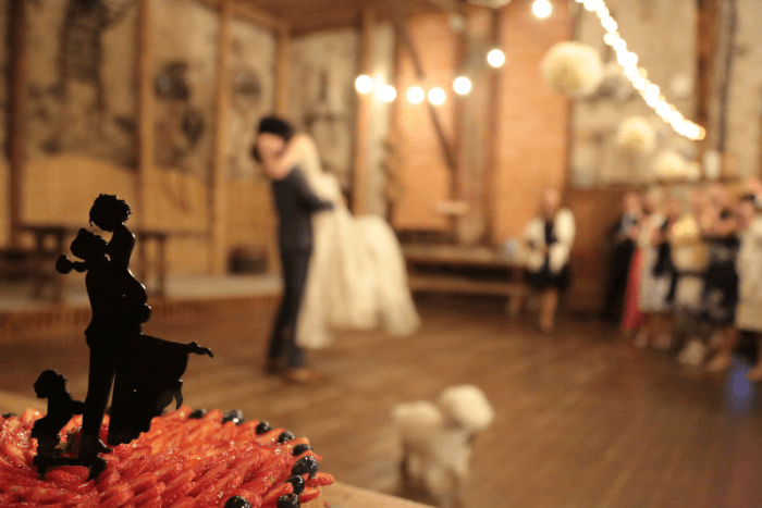 Picture of a wedding couple embracing 